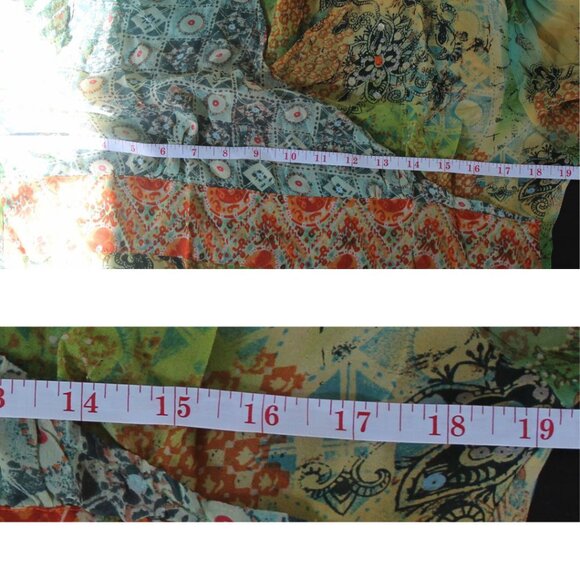 Coldwater Creek Top 100% Silk Blouse Faux Wrap Womens M Orange Green Boho 70's - Picture 7 of 8